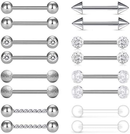 Mayhoop 14G Tongue Rings Nipple Ring Stainless Steel Nipplerings Nipple Barbell Tongue Piercing Bar Cubic Zirconia 16pcs