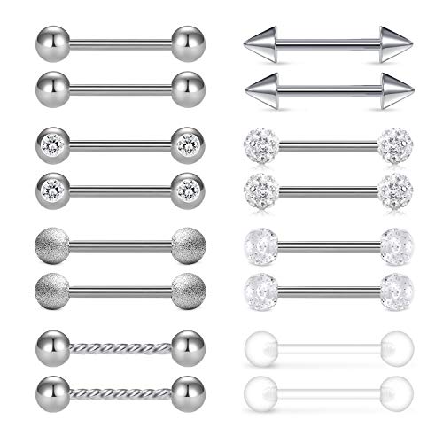 Mayhoop 14G Tongue Rings Nipple Ring Stainless Steel Nipplerings Nipple Barbell Tongue Piercing Bar Cubic Zirconia 16Pcs #TOP3