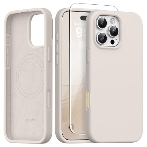 GONEZ Magnetic for iPhone 16 Pro Max Case, [Compatible with MagSafe] Anti-Scratch Microfiber Lining & Screen Protector, Silicone Camera Control, Shockproof Slim Phone Cover 6.9 inch, Stone