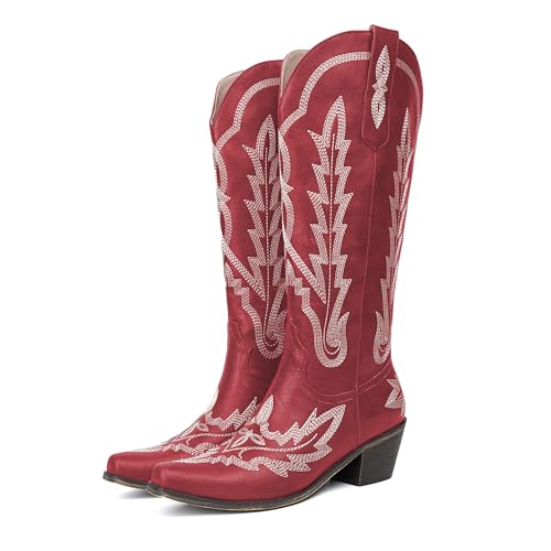 Image of olomisa Over the Knee Cowboy Boots for Women Embroidery Cowgirl Boots Chunky Heel Side Zipper Boots Thigh High Western Boots