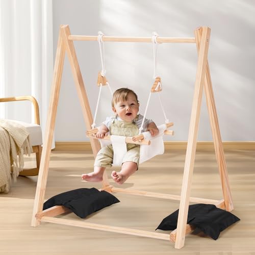 Image of Wooden Swing Set for Toddler 6-36 Month, Foldable Baby Swing with Stand & 2 Sandbags, Kid Swing for Indoor Outdoor Backyard, Pine Wood