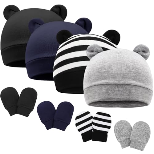 Image of Newborn Baby Hat and Mittens Set Bear Ears Toddler Infant Beanie Caps Newborn Hospital Hat for Baby Boy Girl 0-3 Months