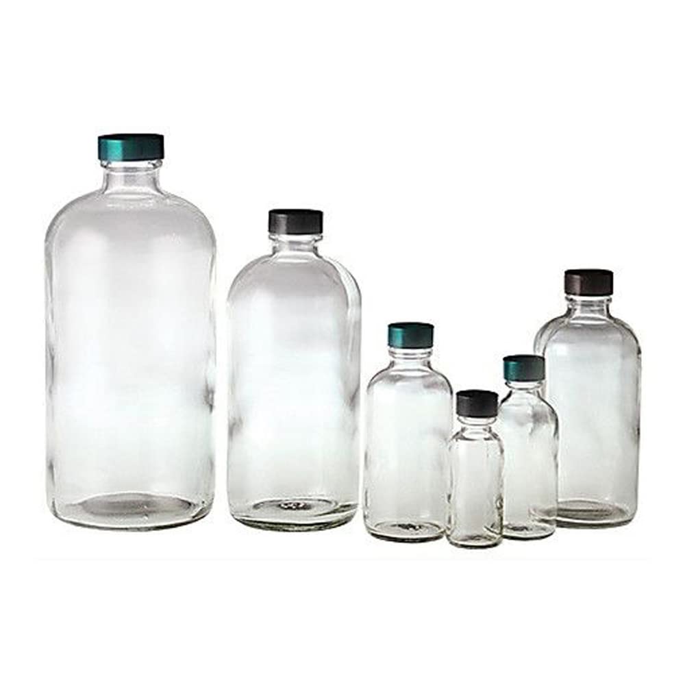 Qorpak GLC-01230 Clear Boston Round with 33-400 Black Phenolic Polycone Lined Cap Attached Vacuum and Ionized, 32 oz. (950 mL) Capacity (Pack of 12)