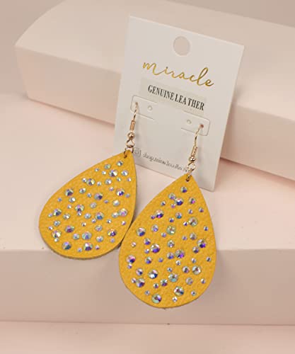 Miracle Collection Soft Genuine Tear Drop, Fringe Feather Leather With Crystal Stones. Lightweight Dangle Color Earrings For Women Girls Fashion (Teardrop-Yw) #TOP1