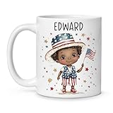 Personalized Child Holding USA Flag Mug, Custom Name Coffee Mug 11oz or 15oz, Custom Fourth Of July Themed Ceramic Cup, Unique Patriotic White Coffee Cup, Gifts for Kids -  Handmade Customized Gifts