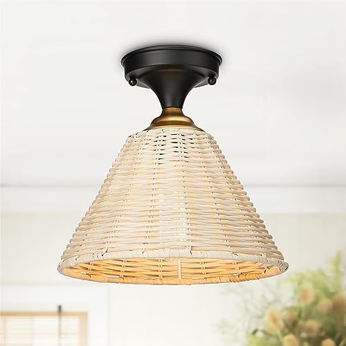 Zeyu Rattan Semi Flush Mount Ceiling Light, 1Light Bohemian Boho Ceiling Light, 10.3 Inch