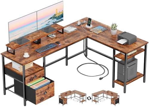 Furologee 66” L Shaped Desk with Power Outlet, Reversible Compute...