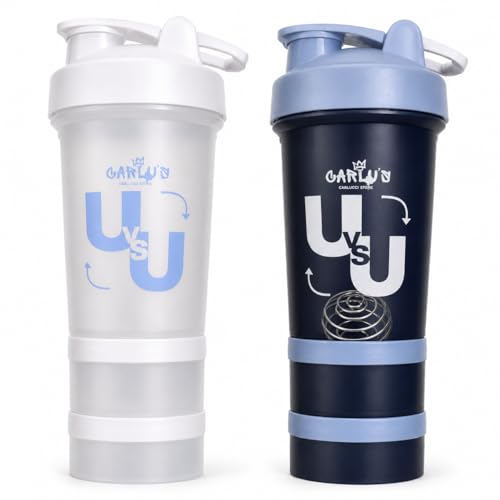 Carlus Protein Shaker 2er Set 500ml 4 Pulverfächer 2 Edelstahl-Mixball & 2 Tabletten-Organizer BPA-frei auslaufsicher spülmaschinenfest Eiweiß Shaker für Fitness Gym & Sport
