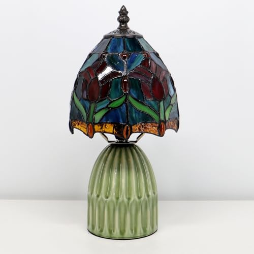 Hand-Welded Tiffany Stained-Glass Mushroom Table Lamp (12.5", Blue-Red Tulips) — view 3