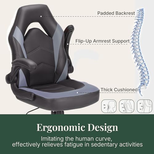 Image of Ergonomic Computer Game Desk Chair - PU Leather Lumbar Support, Height Adjustable High Back Video Game with Flip-up Armrest,Rolling Swivel for Adults,Deep Grey