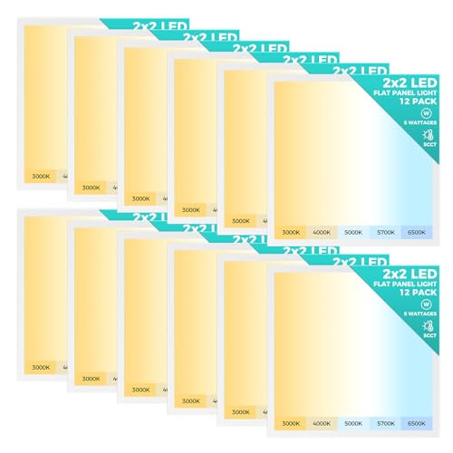 12 Pack 2x2 LED Flat Panel Light, Dimmable Lay-in Recessed for Drop Ceiling Grids, 6500LM, 30-50W Selectable, 5 CCT (3000K-6500K)
