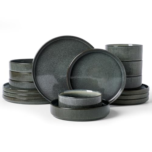 Image of Famiware Star 16-Piece Stoneware Dinnerware Sets, Service for 4 - Shallow Pasta Bowls & Flat Plates, Modern Rustic Reactive Glaze Dishes, Chip /Scratch Resistant, Microwave /Dishwasher Safe, Deep Forest