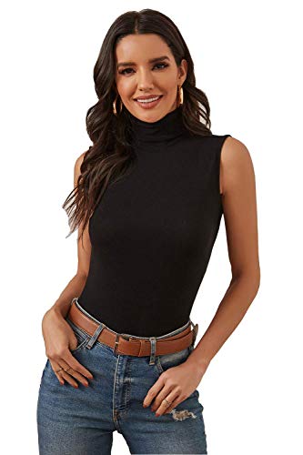 A Grain of Wheat Women Sleeveless Mock Turtleneck T Shirt Basic Slim Fit Tunic Tank Top Black