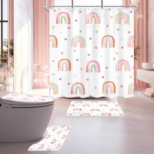 Image of Kids Girls Rainbow Shower Curtain Set Cute Girly Pink Bathroom Set | 4 PCS Bathroom Sets With 72Wx72H Inch Shower Curtain Non-Slip Bath Rug Toilet Lid Cover U Shape Mat