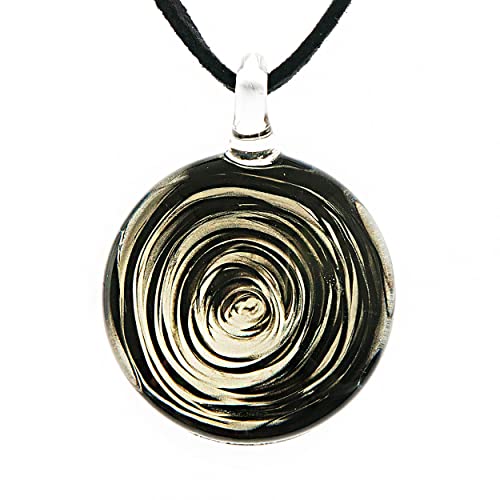 CHUVORA Hand Blown Glass Black White Circular Rose Flower Round Pendant Necklace, 18 inches