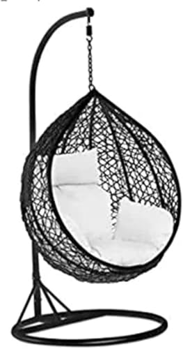 Image of Single Seater Swing Chair with Stand & Cushion Outdoor Indoor Balcony Garden Patio, Powder Coated Frame, UV-Protected Wicker, Premium Cushion, Swing Chair (Black-White)