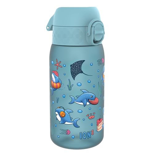 ION8 Botella de Agua para Niños, 350ml, a Prueba de Fugas, Fácil de Abrir, Cerradura Segura, Apta para Lavavajillas, Sin BPA, Asa de Transporte, Fácil de Limpiar, Neutro en Carbono, Tiburones