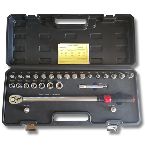 AC Tools Llave Dinamométrica 1/2' Extra Larga 50-350 Nm con Cabezal Reversible 72T y Maletín Completo con Vasos Hex Torx Allen XZN