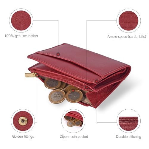 Image of Oak Leathers Leather Wallet For Women - Small RFID Coin Purse Credit Card & ID Holder for Ladies, Gift for Women's, Bifold Wallets (Nappa Red)