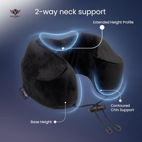 Image of Premium Memory Foam Neck Pillow by ValorX USA for Travelling 360 Neck Support with Ultra-Soft Lightweight Velvet Cover & Free Travel Pouch, Black