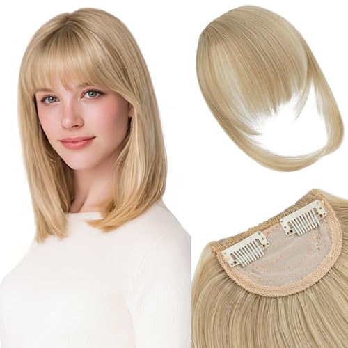 Silk-co Clip in Bangs Extensions with 12Inch Temples Fringe 6.5Inch Hair Piece One Piece Extension Sideburn Bangs Invisible Natural Synthetic Hairpiece for Laides and Women #Ash Blonde&Bleach Blonde