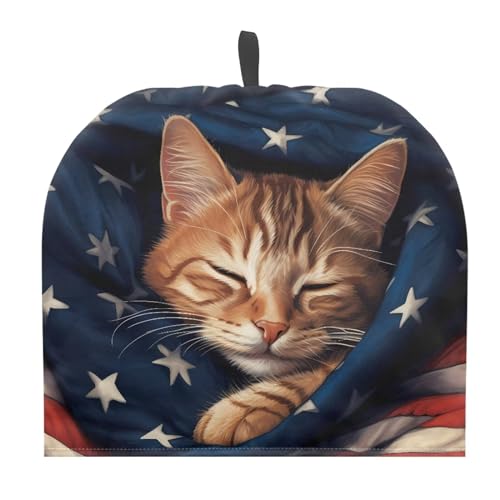 Tutolipy Tutolip US Flag Sleeping Cat Tea Pot Cover Warm Keeper with Top Hanging Loop Insulated Tea Kettle Cover Dust Proof Tea Cosies for Kitchen Home Decoration
