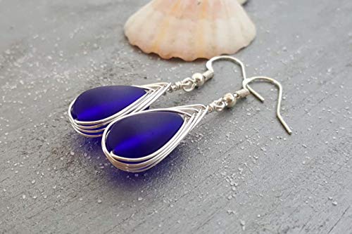 Yinahawaii Handmade In Hawaii, Wire Braided Dark Cobalt Blue Sea Glass Earrings,"September Birthstone" thumb #4
