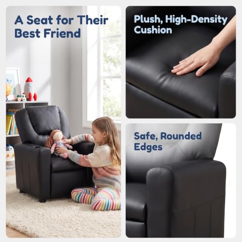 Image of 23 inch W PU Leather Recliner Chair with Cup Holder and Recline, Black