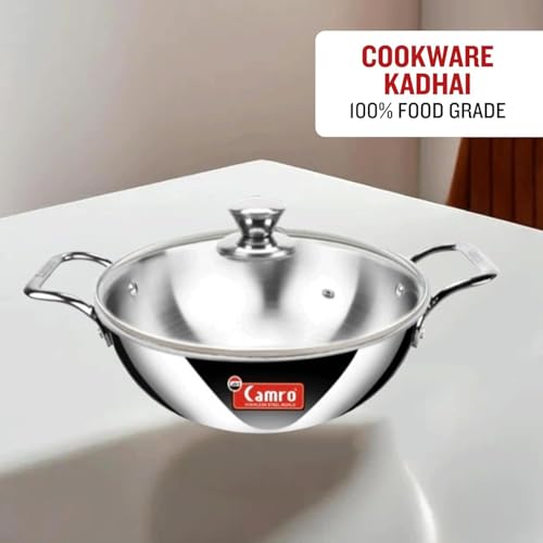 Image of Camro Triply Artisian kadhai with Glass Lid | Kadhai for Deep Frying | Kadhai Induction Base | Kadai for Cooking Stainless Steel | Induction Friendly Dishwasher Safe (5.8 Liters)