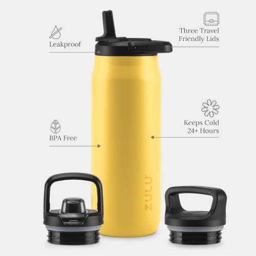 Image of ZULU Base 32oz Stainless Steel Water Bottle with 3 Lids- Straw, Chug, Twist | Double Walled and Vacuum Insulated Metal Thermos | For Gym, Outdoor | Built in Carry Loop, Dishwasher Safe, Vitamin C