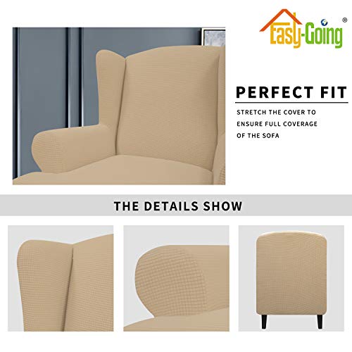 Image of Easy-Going Stretch Large Wingback Chair Sofa Slipcover Sand | 1-Piece Sofa Cover Furniture Protector Couch Soft with Elastic Bottom, Spandex Jacquard Fabric Small Checks