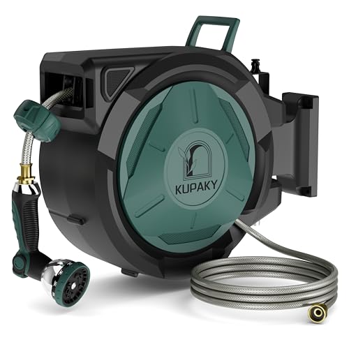 KUPAKY Retractable Garden Hose Reel, 5/8 in x 100 ft Outdoor Automatic Water Hose Reels, Heavy Duty Wall Mounted Hose Reel, Any Length Lock, Slow Return System, 180° Swivel Bracket (1/2' 100FT)