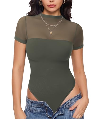 Nebility Mesh Bodysuit for Women Short Sleeve - Sheer Mock Neck Shapewear Body Suits Thong Outfit for Date Night Concert (Green Medium)
