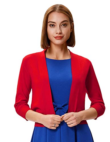 Grace Karin Women's 3/4 Sleeve Knit Cropped Cardigan Sweaters Open Front Shrug Cardigan Coat Tops Small Red #TOP1