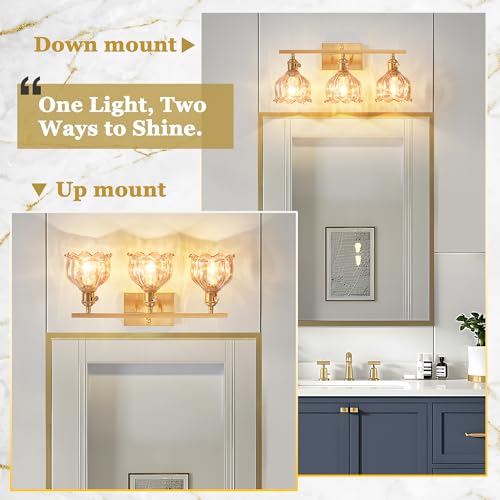 Image of 3-Light Amber Tulip Glass Vanity Light, Brushed Gold Vintage Bathroom Wall Sconce, 19.4 inch Antique Brass Hardwired Wall Lamp for Mirror, Powder Room, Bedroom (Individual Switches, Bulbs Not Included)