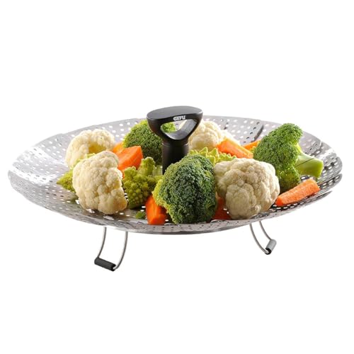 GEFU Dünsteinsatz VITALA | Faltbare Edelstahl-Dünstschale Ø 18–27 cm | Mit Teleskopgriff & Silikonfüßen | Für gesundes Dünsten von Gemüse, Fisch & Kartoffeln