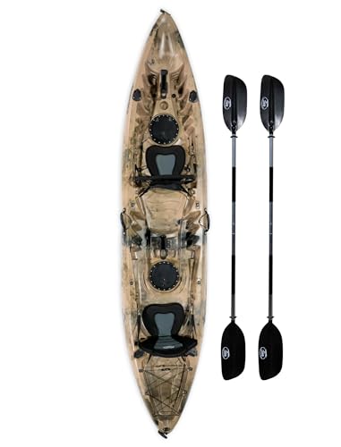 BKC TK219 12.5-Foot Tandem 2 or 3 Person Sit On Top Fishing Kayak w/Padded Seats and Paddles (Camo)