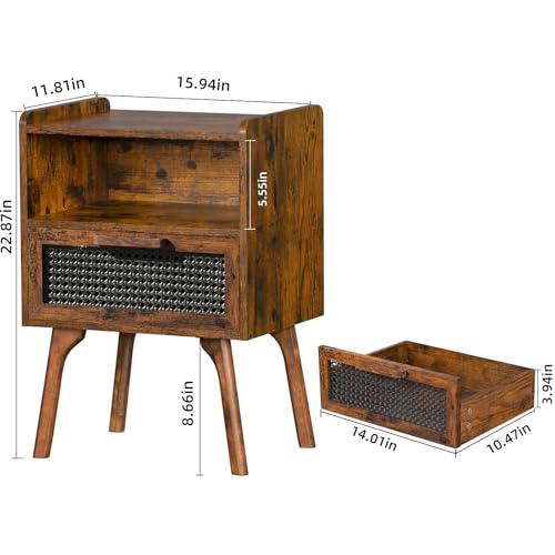 Image of Lerliuo Rattan Nightstand, Boho Side Table with Drawer Open Shelf | Cane Accent Bedside End Table with Solid Wood Legs for Bedroom, Dorm and Small Spaces (Brown)