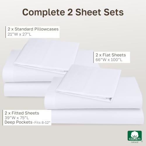 Image of California Design Den 100% Cotton Bed Sheets - Pack of 2 Twin Sheets Set - Sateen Weave, Soft & Durable, 12 inch Pocket Bedding Set - White