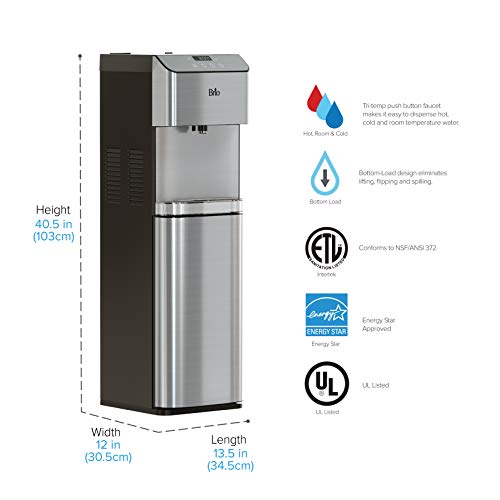 Brio Moderna Bottom Load Water Cooler Dispenser - Tri-Temp, Adjustable Temperature, Self-Cleaning, Touch Dispense, Child Safety Lock, Holds 3 Or 5 Gallon Bottles, Digital Display And Led Light #TOP5