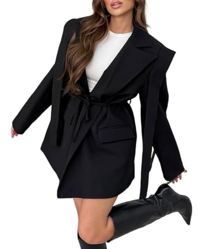 Minetom Blazer Long Femme Veste de Costume à Revers Élégant Manches Longues Bureau Affaires Tailleur Manteau avec Ceinture A Noir 1 L