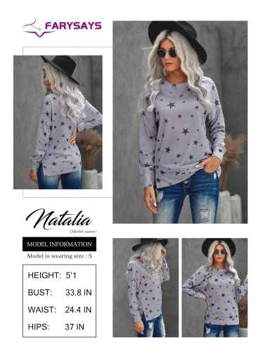 Farysays Women's Casual Crewneck Star Printed Sweatshirt Loose Soft Long Sleeve Fall Pullover Tops Shirts Grey Small #TOP3