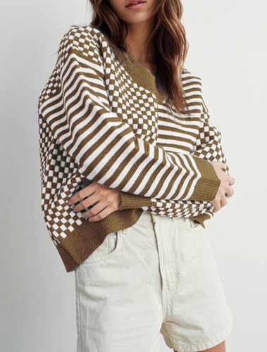 Image of UNCLECAT Womens Striped Checkered Sweater V Neck Fall Trendy Pullover Tops | Long Sleeve, Winter Clothes, Soft Jumpers, Business Casual Outfits, Cute, Fashion, Knitted Sweaters