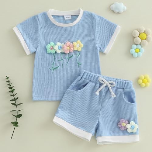 Toddler Baby Girl Clothes Waffle Knit Embroidered Short Sleeve Shirt Shorts Cute Boho Summer Outfit Clothing Set2