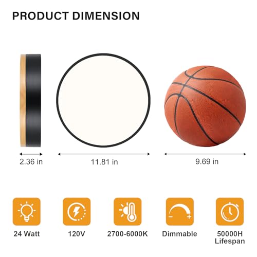 Image of Dimmable LED Wood Black Round Flush Mount Ceiling Light 11.81 Inch