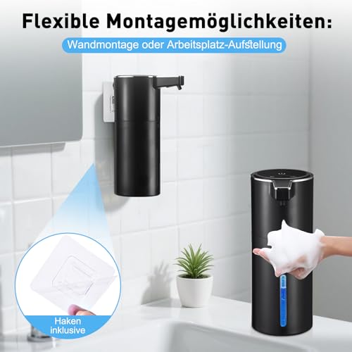 Seifenspender Automatisch,Wandbefestigung Berührungslos 400ml Elektrischer Seifenspender mit Sensor,USB Wiederaufladbar 1800-mAh-Akku für Bad,Küche,Büro (Flüssigkeit,Schwarz)