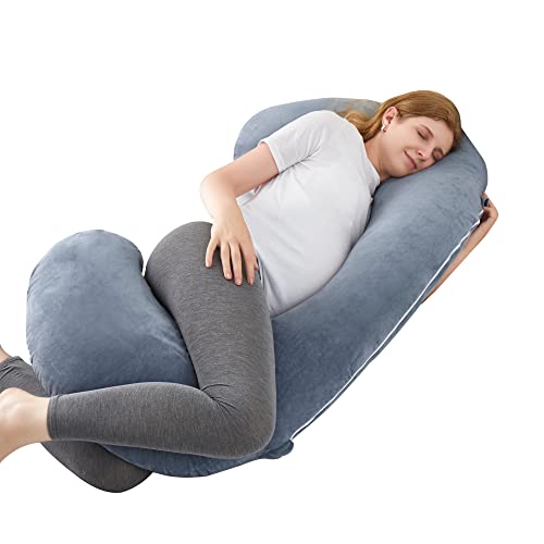Puredown® Almohada Embarazada, Forma en C, Almohada de Embarazo para Dormir de Lado, con Funda de Terciopelo reemplazable y Lavable, Almohada Lactancia, 142x68cm, Azu