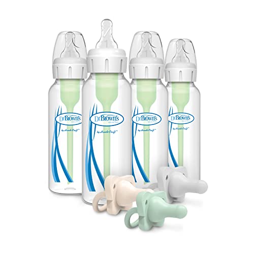 Image of Dr. Brown’s Anti-Colic Options+ Baby Bottles, Narrow, 8oz, 4 Pack and HappyPaci 100% Silicone Pacifier 0-6m, BPA Free, Green, Ecru, Cool Gray 3-Pack