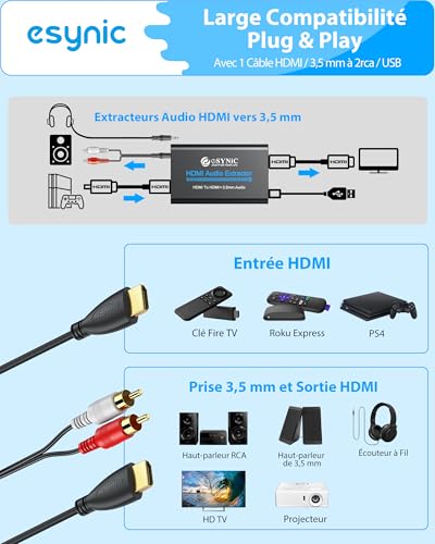 Adaptateur 4Kx2K@30Hz extracteur audio HDMI vers jack 3.5mm compatible 1080p et 3D