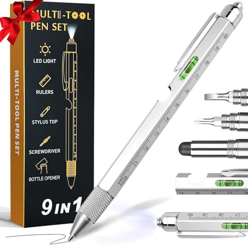 Fathers day gift 9 in 1 Multitool Pen Set - LED Light Touchscreen Stylus Ruler Level Bottle Opener Phillips Screwdriver Flathead and Ballpoint Pen -Valentines Day Gifts for Men